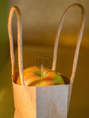 Foto de Un plano vertical de la bolsa de papel con una manzana - Imagen libre de derechos