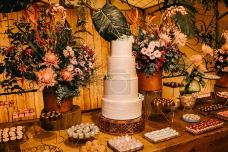 Téléchargez les photos : Une table en bois avec beaucoup de plantes, un gâteau et des bonbons frais - en image libre de droit
