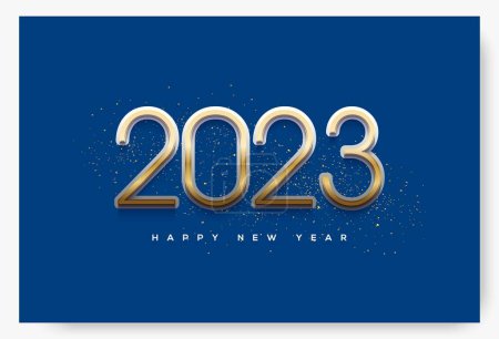 Foto de Una ilustración de "Feliz Año Nuevo 2023" con números dorados aislados sobre el fondo azul - Imagen libre de derechos