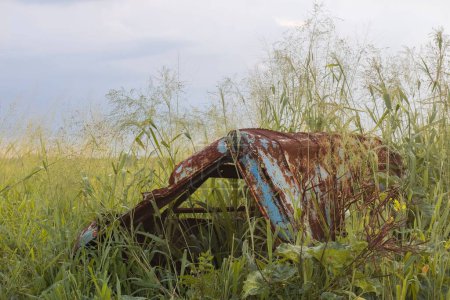 Téléchargez les photos : Une voiture abandonnée dans l'herbe épaisse le long de la route - en image libre de droit