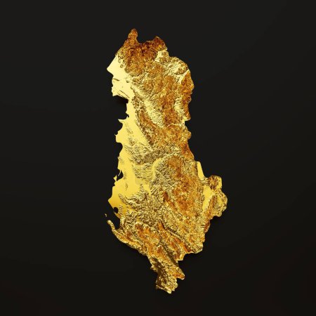 Foto de Representación en 3D de un lujoso mapa dorado de Albania aislado sobre un fondo negro - Imagen libre de derechos