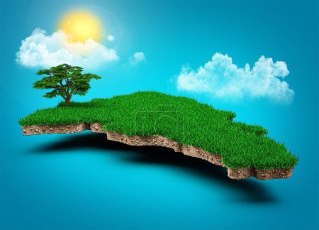 Téléchargez les photos : Une illustration 3D réaliste de la République dominicaine Carte avec des nuages, les rayons du soleil de l'arbre sur ciel bleu vif - en image libre de droit