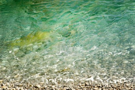Téléchargez les photos : Belle mer bleu-vert clair se lavant sur une plage de galets - en image libre de droit
