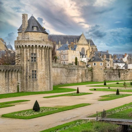 Photo for Vannes, medieval city in Brittany, view of the ramparts garden with flowerbed - Royalty Free Image