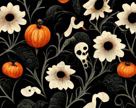 Téléchargez les illustrations : Un motif abstrait d'Halloween avec des fleurs effrayantes, des citrouilles et des crânes sur un fond noir. - en licence libre de droit
