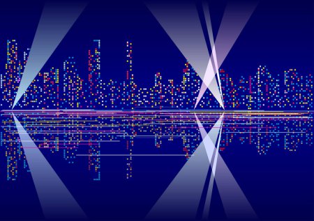 Illustration for An abstract futuristic vector background of a cityscape with pixelated building shapes and shining spotlights - Royalty Free Image