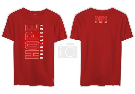 Illustration for A vector of the front and back of a red t-shirt mockup with rebellious hope text in a beautiful font - Royalty Free Image