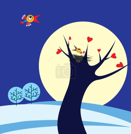Ilustración de Un vector de árbol en crecimiento con oídos y pájaros en el fondo de la luna - Imagen libre de derechos