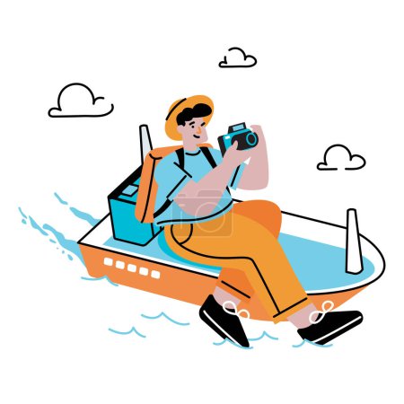 Téléchargez les illustrations : Un homme voyageant sur un bateau ou un bateau - en licence libre de droit