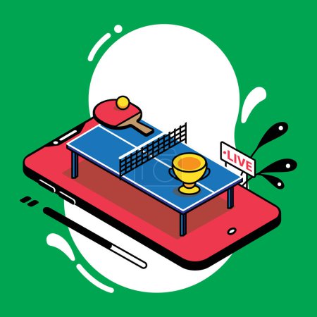 Ilustración de Una ilustración vectorial de tenis de mesa en directo en el fondo verde - Imagen libre de derechos