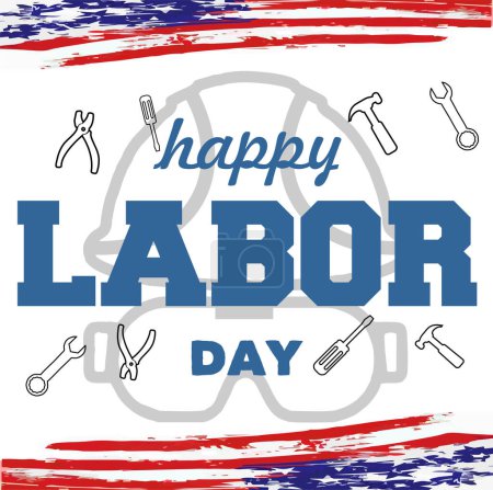 Illustration for A "Labor day" logo with blue letters with tools pictograms on white background - Royalty Free Image