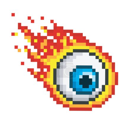 Illustration for A vector pixel art of a blue eyeball with red flames isolated on a white background - Royalty Free Image