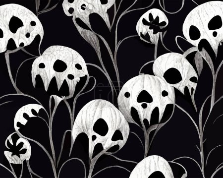 Téléchargez les illustrations : Un motif abstrait d'Halloween en niveaux de gris avec des fleurs et des crânes effrayants sur un fond noir. - en licence libre de droit