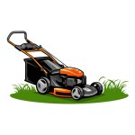 A vector of an orange and black lawn mower on grass isolated on a white background