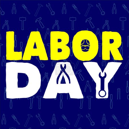 Ilustración de Logotipo "Día del Trabajo" con letras amarillas y blancas con pictogramas de herramientas sobre fondo azul - Imagen libre de derechos
