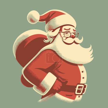 Téléchargez les illustrations : Illustration en 2D d'un fier Père Noël avec son sac cadeau sur l'épaule sur un fond vert - en licence libre de droit