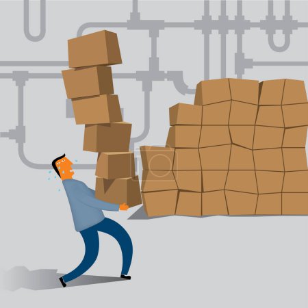 Ilustración de Un hombre sobrecargado de trabajo doblado y sudando mientras lleva una pesada pila de cajas en una fábrica - Imagen libre de derechos