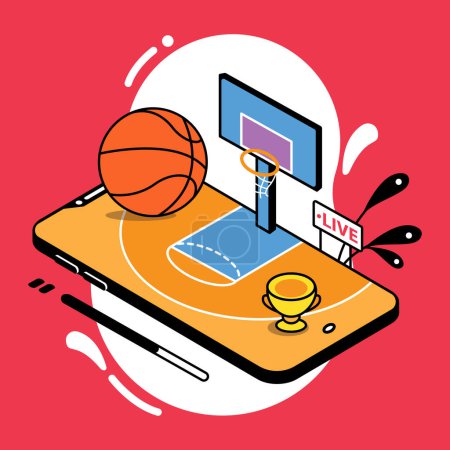 Illustration for A vector illustration of a basketball live streaming on the brown background - Royalty Free Image