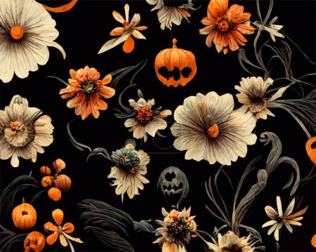Illustration for A Halloween abstract pattern with spooky flowers and ghosts on a black background. - Royalty Free Image
