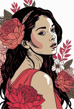 Ilustración de Una ilustración vectorial de una hermosa hembra con decoraciones florales para el cabello - Imagen libre de derechos