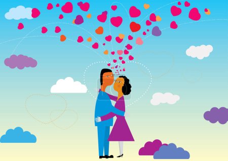 Ilustración de Un vector de pareja abrazándose unos a otros con corazones voladores por encima - Imagen libre de derechos