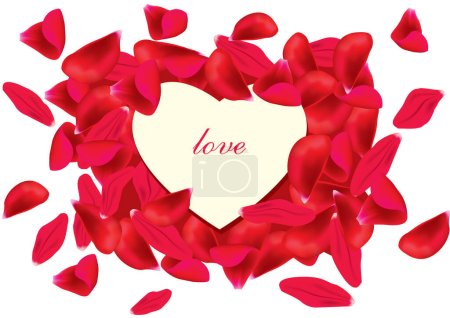 Ilustración de Un vector de amor 'texto' en el corazón rodeado de hojas de rosas - Imagen libre de derechos