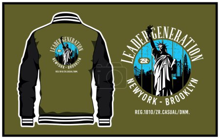 Illustration for A vector design of a varsity jacket in olive green and black with an editable print on the back - Royalty Free Image