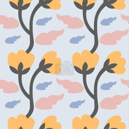 Téléchargez les illustrations : Un motif sans couture avec des fleurs jaunes isolées sur un fond bleu - en licence libre de droit