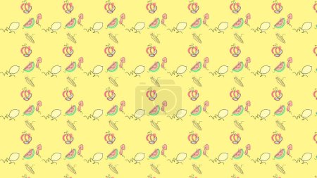 Illustration for A seamless pattern with different types of fruits isolated on an empty yellow background - Royalty Free Image