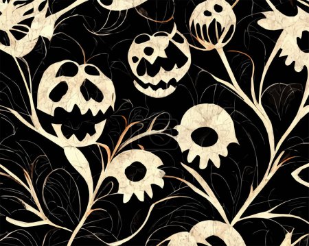 Téléchargez les illustrations : Un motif abstrait d'Halloween avec des fleurs et des crânes effrayants sur un fond noir. - en licence libre de droit