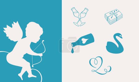 Illustration for A set of Valentine's related icons on blue and white background - Royalty Free Image