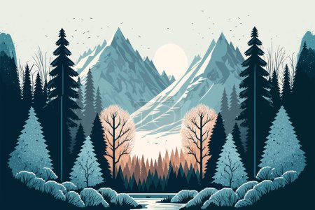 A vector of a beautiful landscape of a forest with mountains in the background and birds in the sky