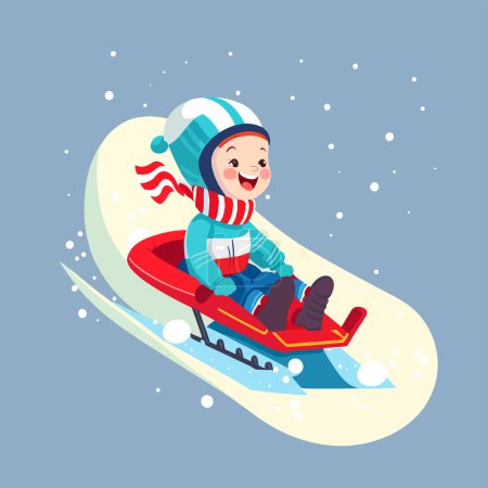 Téléchargez les illustrations : Un vecteur d'un enfant heureux glissant sur une colline enneigée avec son traîneau sur le fond gris - en licence libre de droit