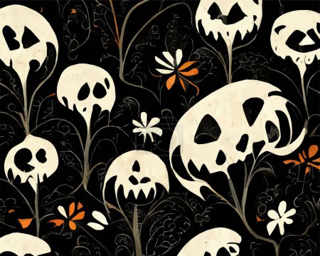Illustration for A Halloween abstract pattern with spooky flowers and skulls on a black background. - Royalty Free Image
