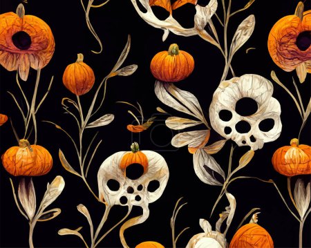 Téléchargez les illustrations : Un motif abstrait d'Halloween avec des fleurs effrayantes, des citrouilles et des crânes sur un fond noir. - en licence libre de droit