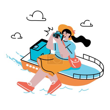 Téléchargez les illustrations : Une femme voyageant en bateau - en licence libre de droit
