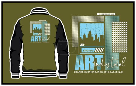 Illustration for A vector design of a varsity jacket in olive green and black colors with an industrial-themed editable print - Royalty Free Image