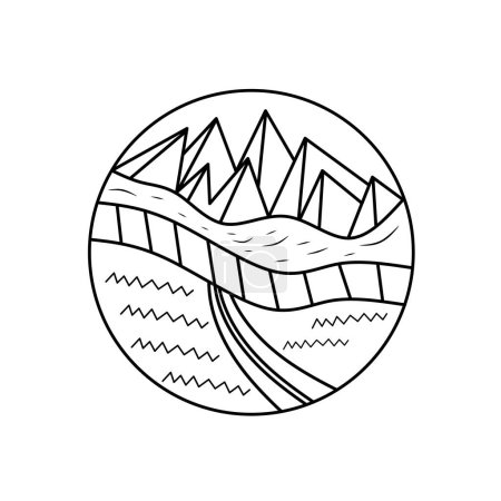 Illustration for A vector illustration of a landscape forest and mountain in the circle with white background - Royalty Free Image
