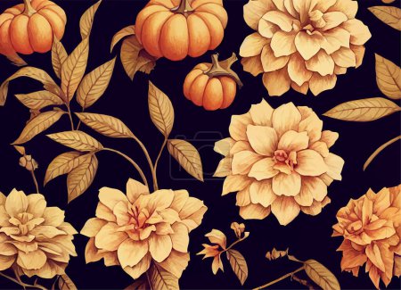 Téléchargez les illustrations : Illustration vectorielle de fleurs et de citrouilles - fond d'Halloween - en licence libre de droit