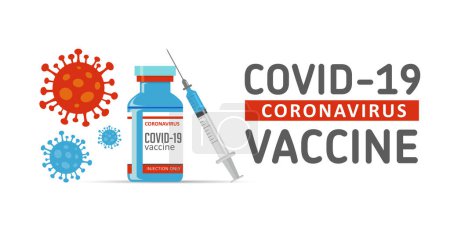 Téléchargez les illustrations : Un résumé minimaliste de la vaccination par Covid-19 avec un flacon de vaccin et un outil d'injection de seringue isolés sur un fond blanc - en licence libre de droit