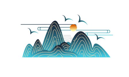 Illustration for The seagulls flying over the hills and mountains at sunset, isolate don a white background - Royalty Free Image