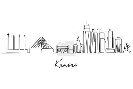 Illustration for One continuous line drawing of the Kansas city skyline. Beautiful landmarks and travel destinations - Royalty Free Image