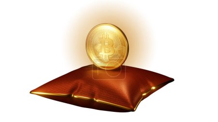 Ilustración de Un vector de un bitcoin brillante dorado sobre una almohada roja de lujo con aislado sobre un fondo blanco - Imagen libre de derechos
