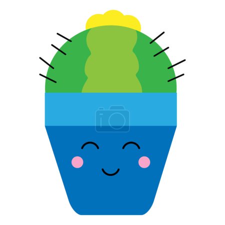 Téléchargez les illustrations : Illustration vectorielle verticale de cactus dans un pot de fleurs bleu souriant isolé sur fond blanc. - en licence libre de droit