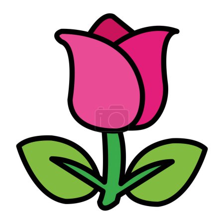 Illustration for A vertical illustration of a rose with pink petals and green leaves on a white background - Royalty Free Image