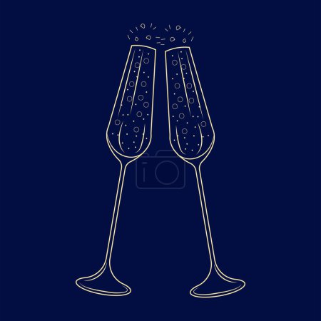 Téléchargez les illustrations : Illustration vectorielle de deux verres de vin dorés avec bulles isolées sur fond bleu - en licence libre de droit