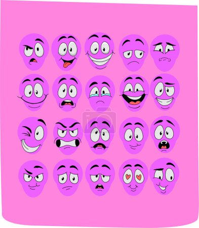 Téléchargez les illustrations : Un pack d'icônes de visages violets exprimant différentes émotions sur fond rose - en licence libre de droit