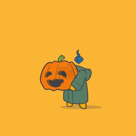 Téléchargez les illustrations : Une illustration vectorielle de fantôme drôle mignon avec veste verte et tête de citrouille concept Halloween - en licence libre de droit