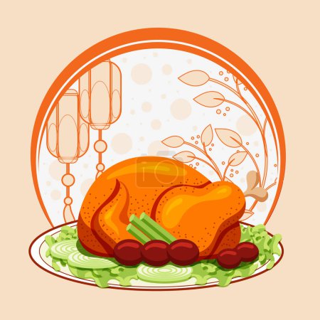 Téléchargez les illustrations : Illustration vectorielle du poulet rôti sur fond rond avec motifs - en licence libre de droit