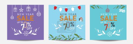 Illustration for A vector illustration of three New Year up to 70 percent sale banners with festive designs - Royalty Free Image
